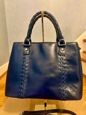 Patricia Nash Dorothy Leather Satchel Braided Trim and Crossbody Strap- Navy